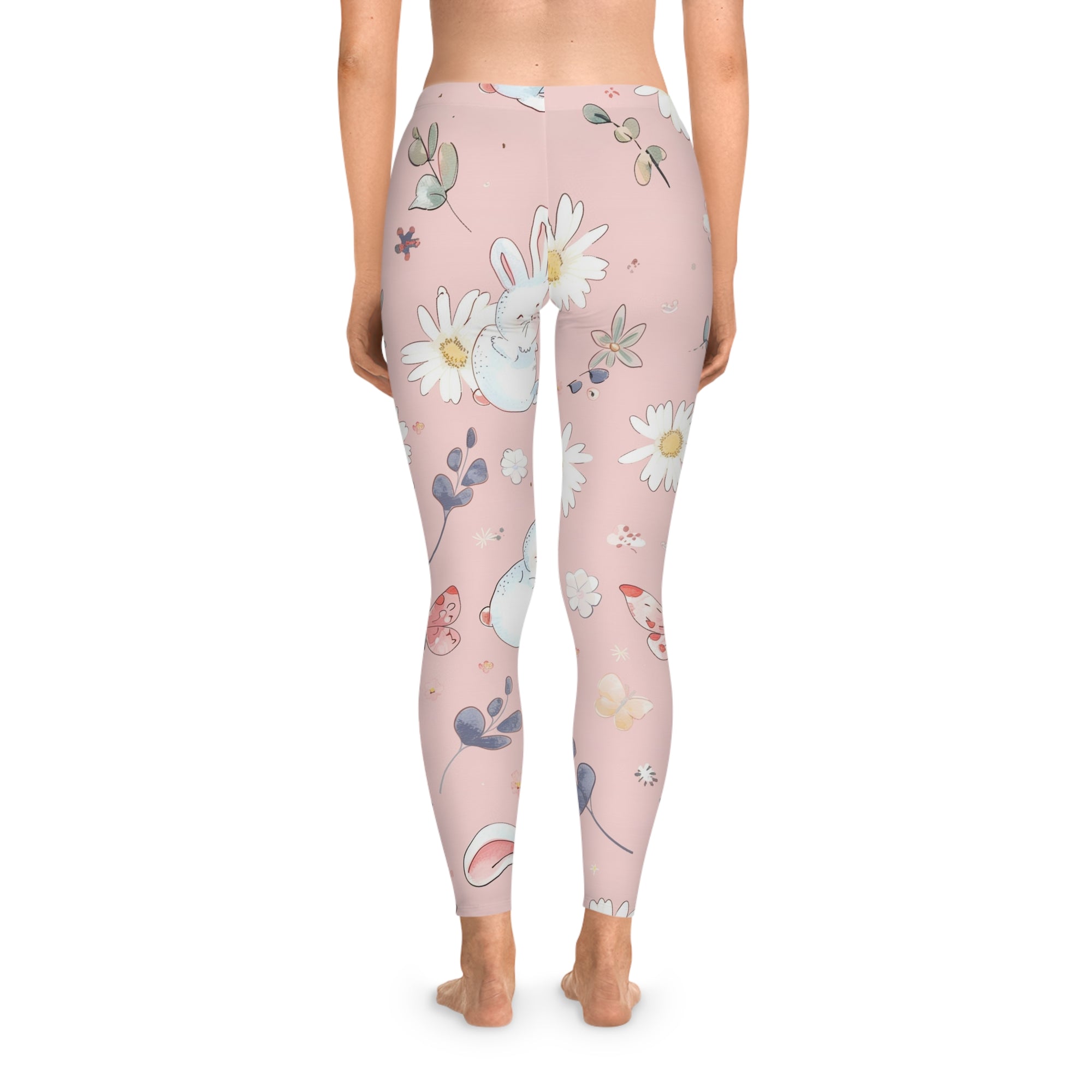 Bunny Blooms Pastel Stretchy Leggings – Soft Pink Floral & Bunny Print